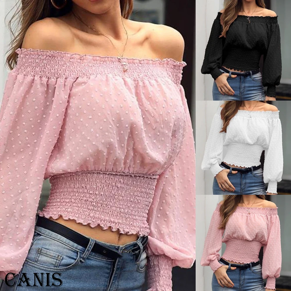 

Women Sexy Off Shoulder Long Sleeve T shirt Tops Spring Autumn Ladies Loose Frill T Shirt Autumn Tops Plus Size 2XL