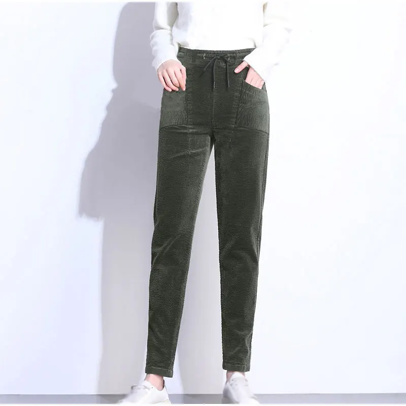 Plus Size Drawing Elastic Waist Pocket Dark Green Corduroy Loose Harem Pants 3XL 4XL Autumn Carrot Pant Women Trousers | Женская одежда