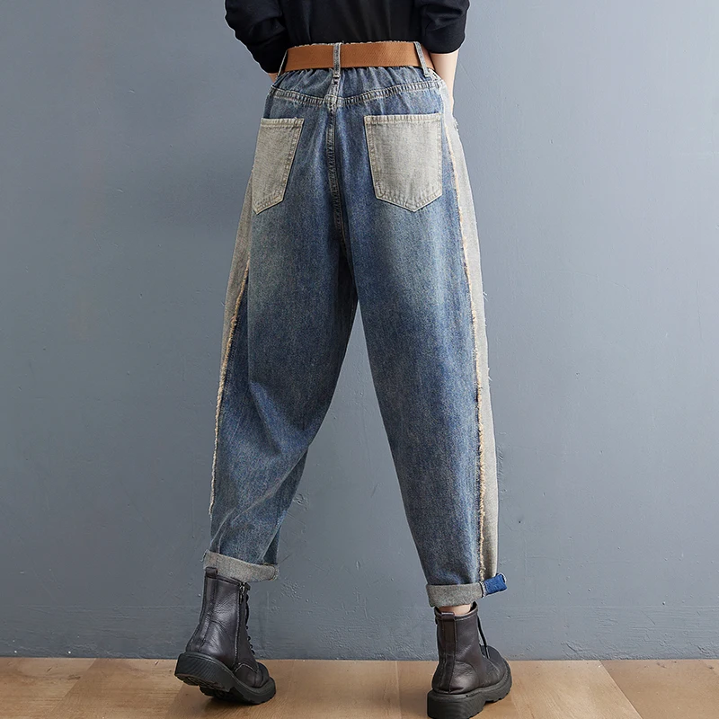 Autumn Winter Casual Jeans Boyfriend Femme Loose Wide Leg Plus Size Mom Baggy Jeans Women Belt Patchwork Streetwear Denim Pants