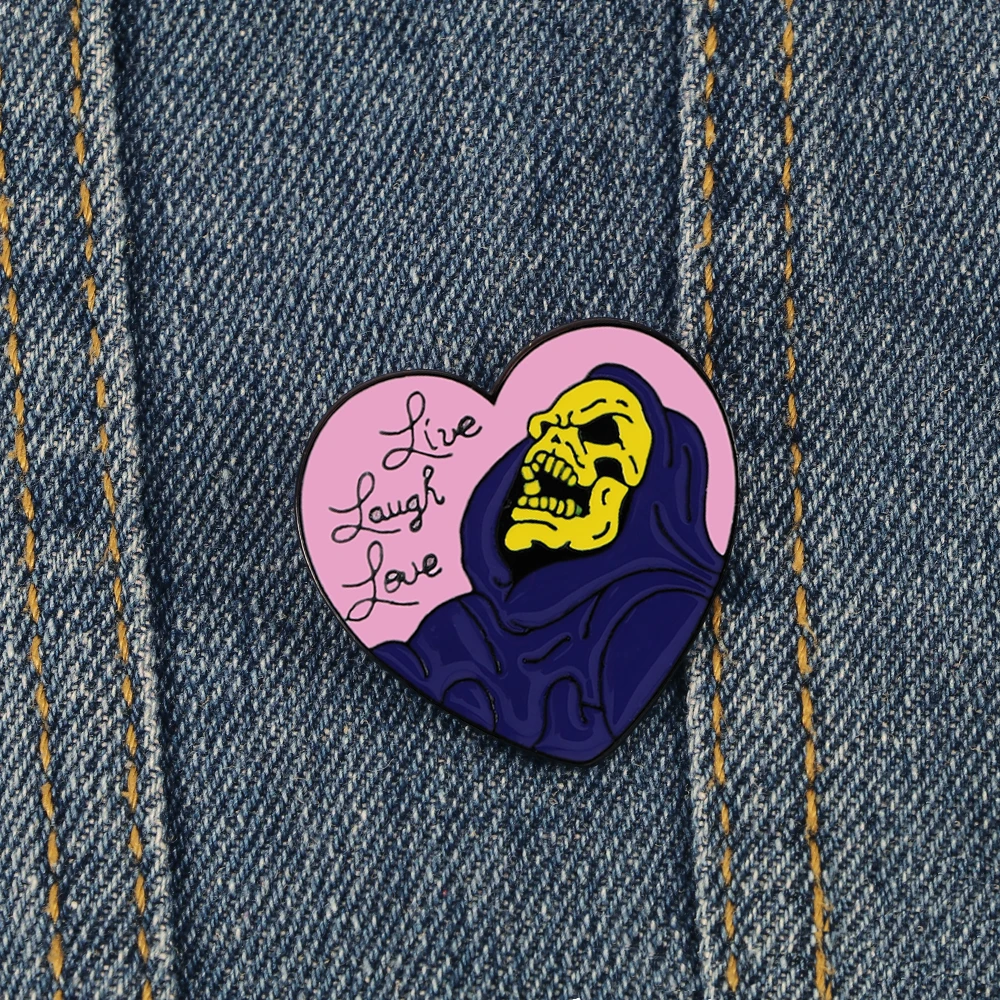 Purple Skeleton Enamel Pins Live Laugh Love Skull Heart Shape Brooch Denim Shirts Lapel Badge Halloween Gothic Dark Jewelry | Украшения и