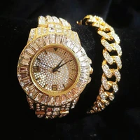 iced out cuban chain bracelet watch for women men luxury gold watches chain hip hop bling mens jewelry watch set pulseras mujer