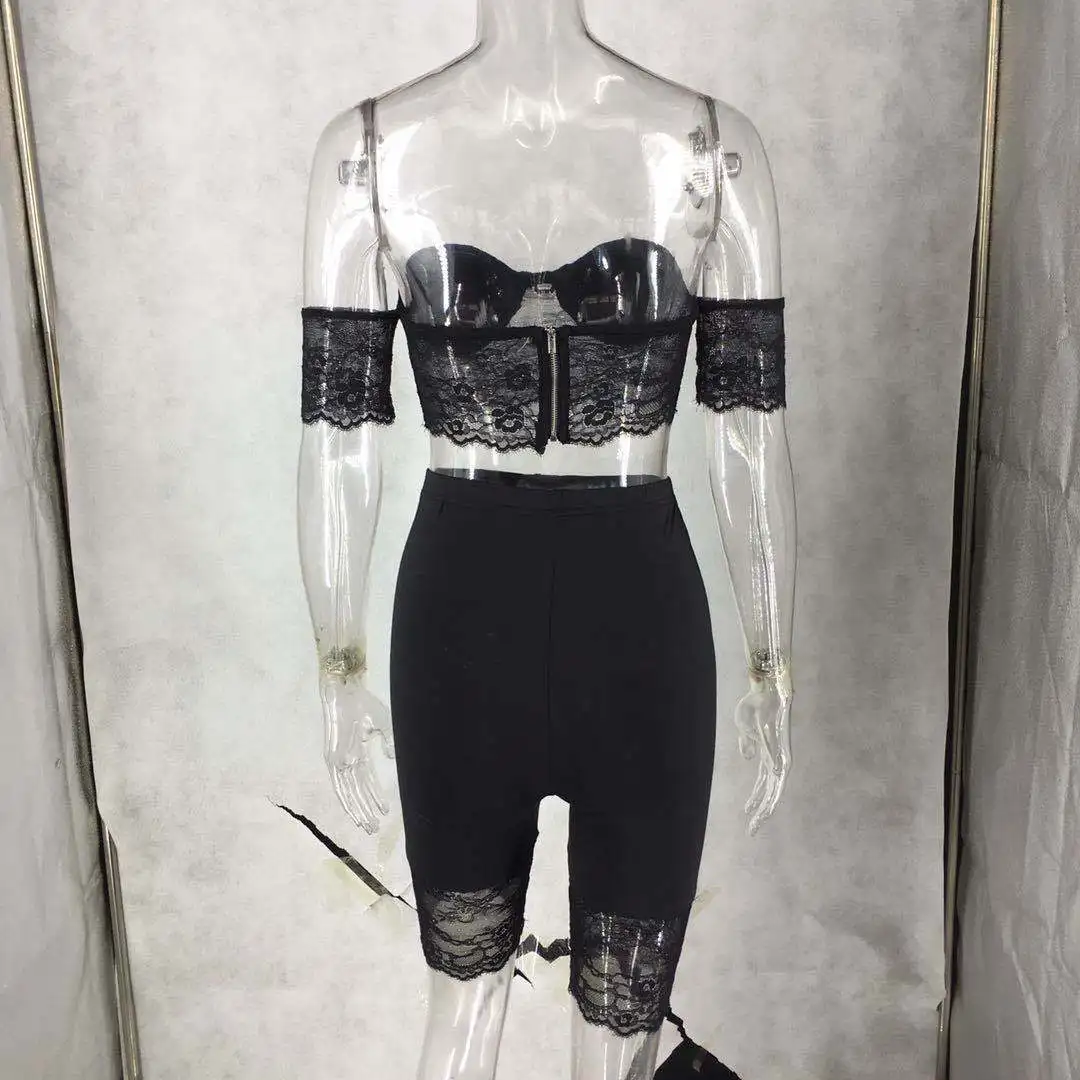 Женский комплект из 2 предметов кружевной короткий топ с вырезом лодочкой и шорты