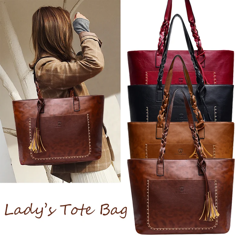

Fashion Women Tote Bag Large Capacity Totes Vintage PU Leather Bags Tassels Handbag Female Shoulder Bag Messenger Street Bag