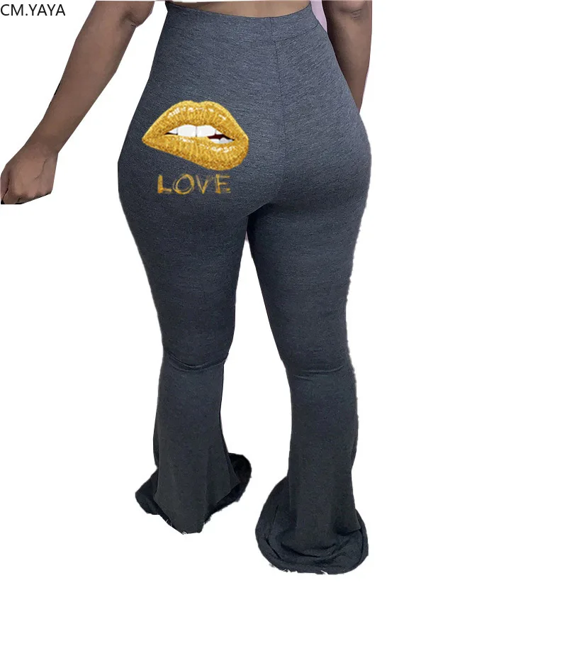 CM.YAYA Lips Love Print Women Elastic Hole Wide Leg Flare Pants Leggings High Waist Trousers Draped Jogger Sweatpants | Женская одежда