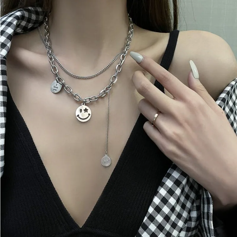 

Punk hip-hop double-layer smiley couple Cuban chain stainless steel star letter pendant for men and women party accessories gift