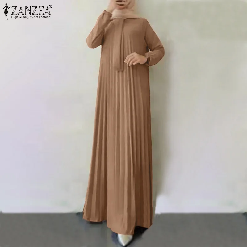ZANZEA Abaya Long Sleeve Dresses Party Evening Gown Muslim Robe kaftan Loose Pleated Sundress Crew Neck Turkish Maxi Vestidos