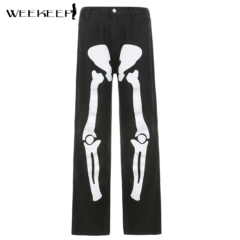 

Weekeep Gothic Skull Straight Women Jeans Streetwear Baggy High Waist Denim Casual Trousers Summer Harajuku Hip Hop Black Pants