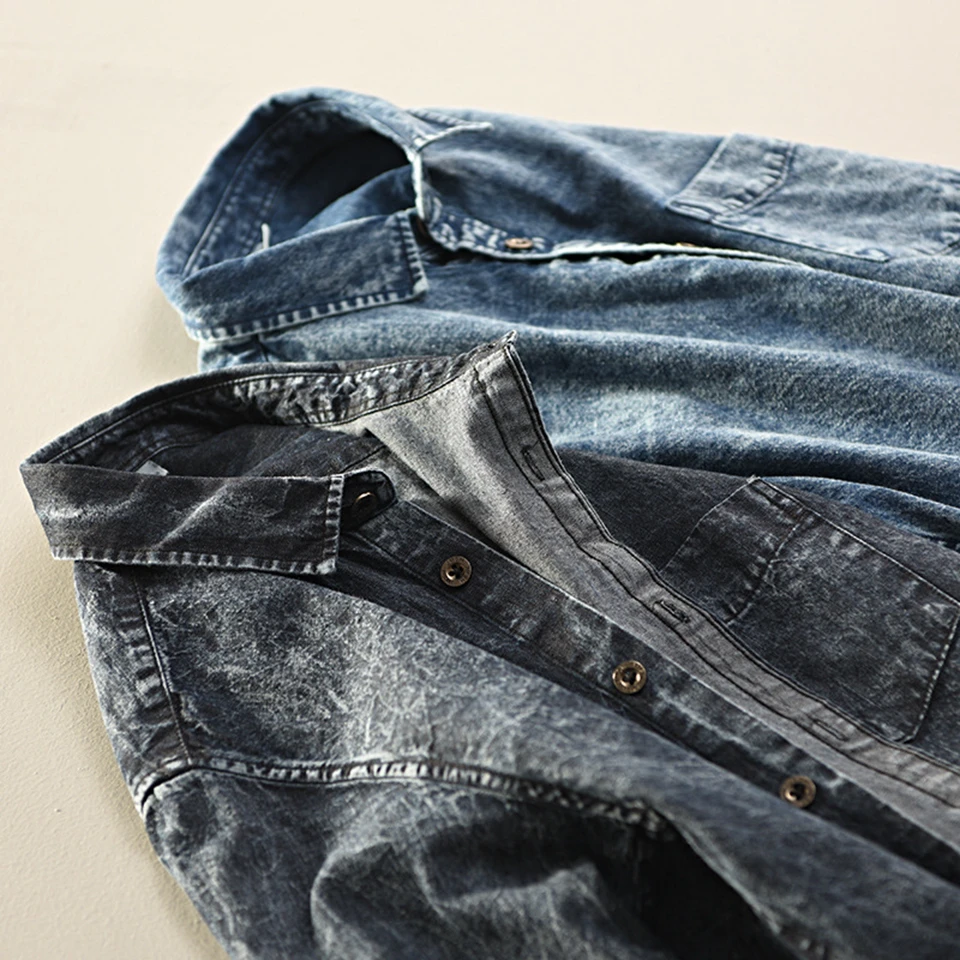 100% Cotton Man Denim Shirt Quality Spring Autumn Long Sleeve Male Retro Vintage Pocket Blue Men Jean Casual Cowboy Shirts | Мужская