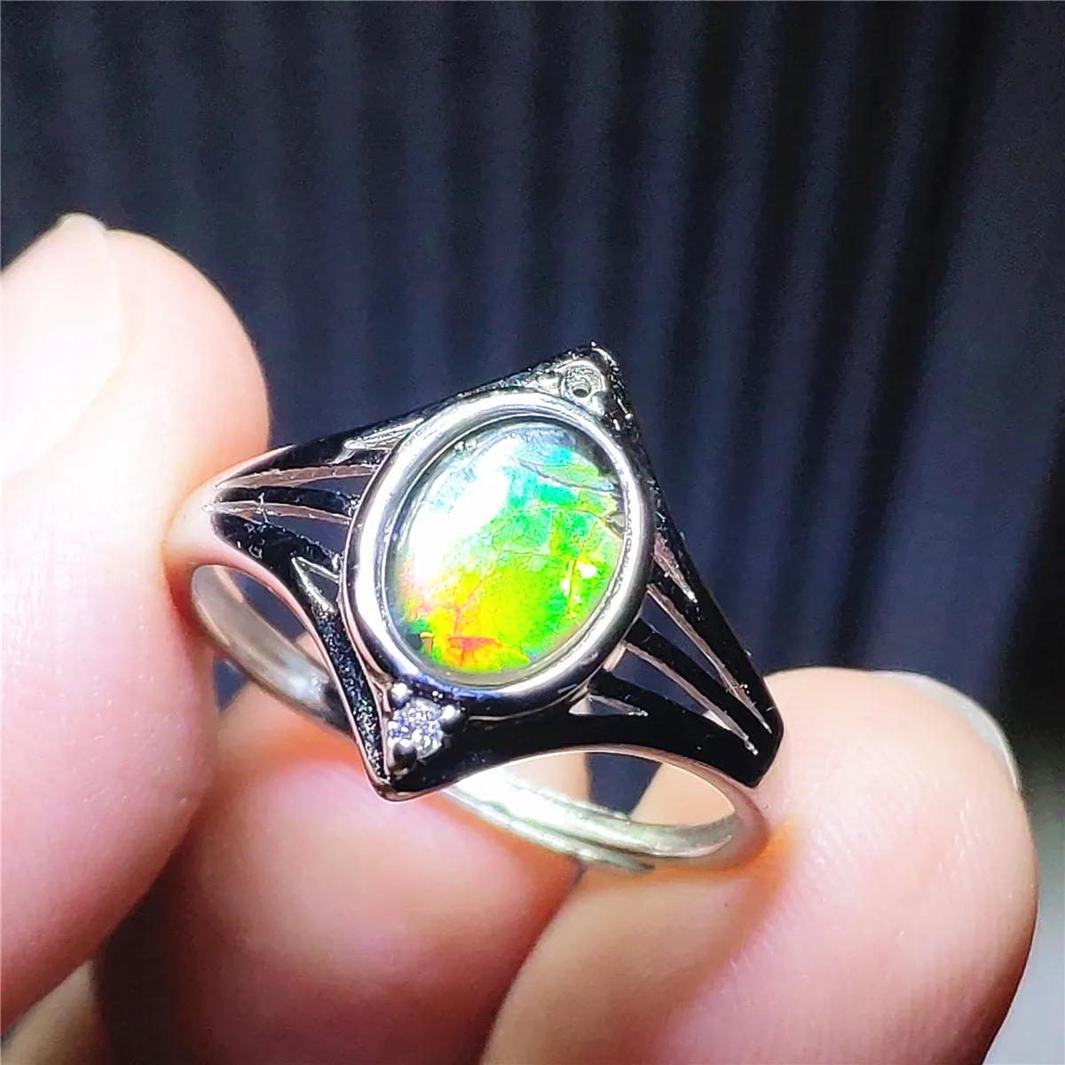 

Natural Ammonite Ammolite Colorful Green Adjustable Ring 9x7mm Gemstone Woman Clear Beads 925 Sterling Silver Fashion AAAAA
