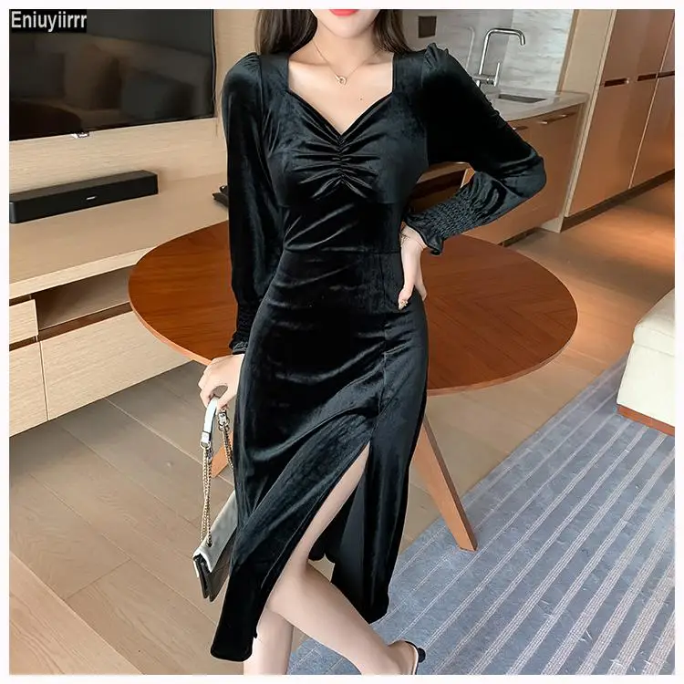 

Женское бархатное платье во французском стиле, элегантное винтажное праздничное платье с V-образным вырезом и разрезом, весна 2022