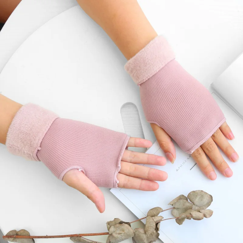 Winter Female Knit Acrylic Touch Screen Typing Mitten Autumn Women Plus Velvet Double Fingerless Writing Half Finger Glove J10 | Аксессуары
