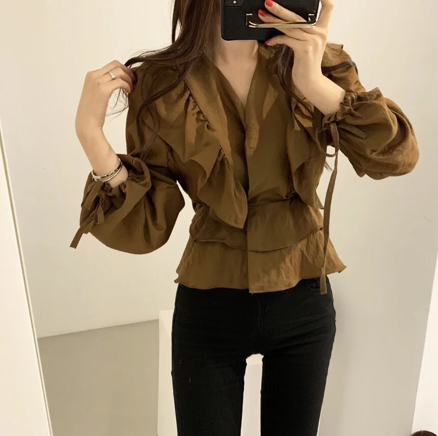 

Ladies Spring Vintage Ruffles Slim Solid Blouses Sweet Women Sexy V-Neck Lace-up Long Sleeve Elegant All-match Short Shirts Tops