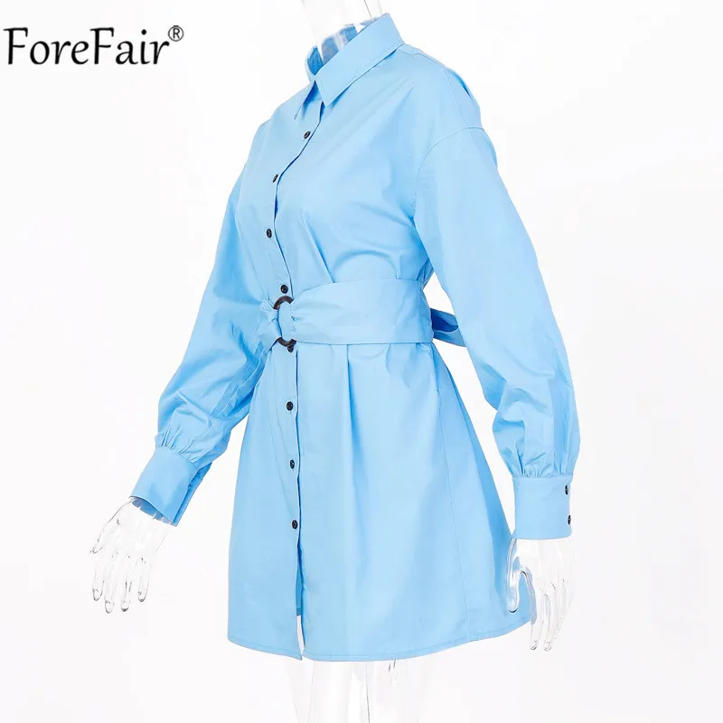 Forefair V образным вырезом пояса для женщин Кнопка белая рубашка платье офис с длинным рукавом трендовые Осень Зима Повседневное мини сексуальные платья