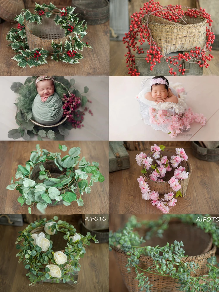 

2021 Baby Newborn Photography Prop Green Plants Basket Stuffer Accessorie Berry Daisy Rattan Strip Vine Studio Shooting Flowers