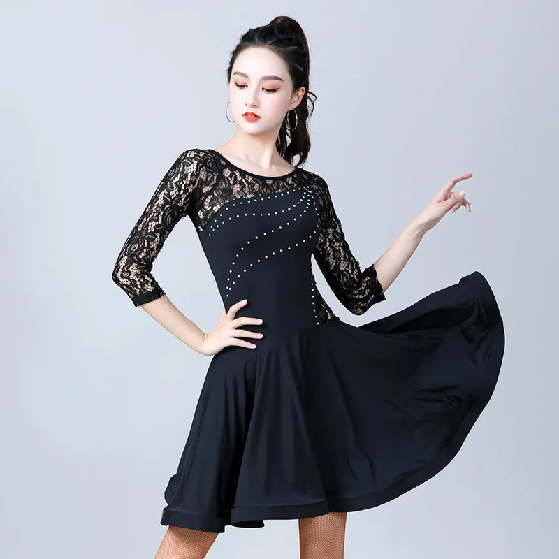 

Adults Rhinestone Mesh Long Sleeve Dance Dress Figure Skating Artistic Gymnastic Training Performance Ballet Dance Leotard Dress