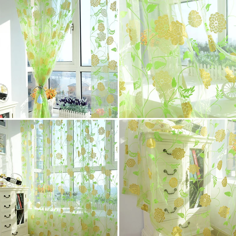 

Bronzing Curtains Embroidered Floral Lace Living Room Curtain Tulle Screen Biparting Open French Window Curtains Thin Screen