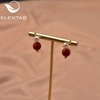 xlentag natural freshwater pearl red cinnabar 925 sterling silver stud earrings female wedding gift fashion fine jewelry ge1022