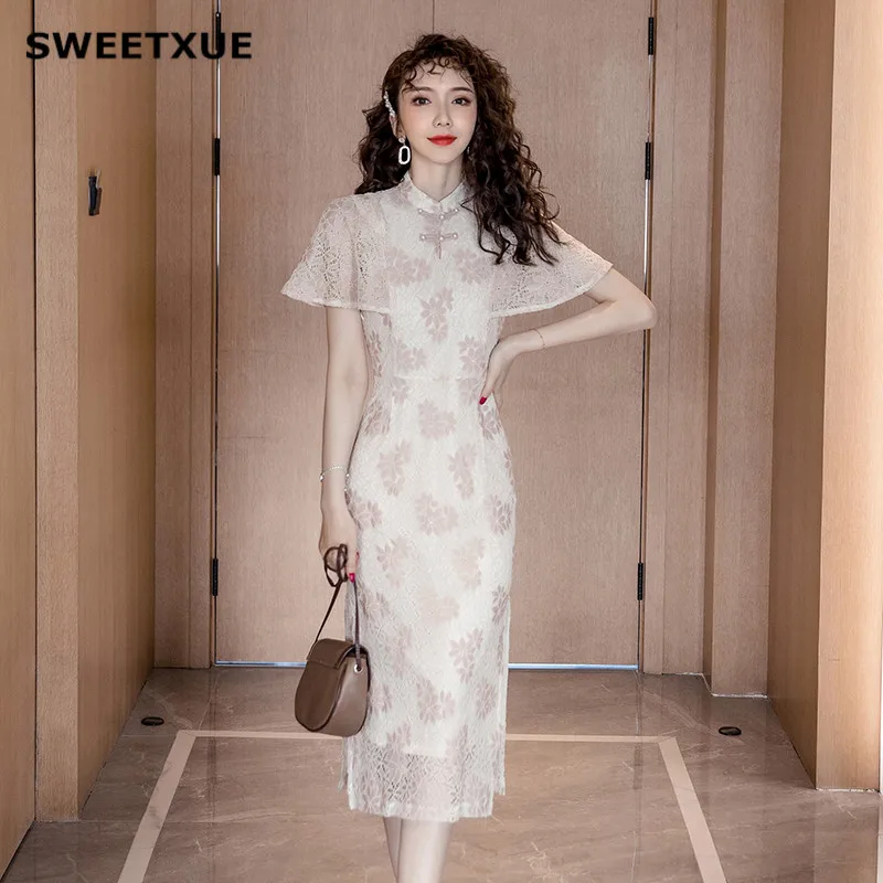SWEETXUE Ретро Qipao Cheongsams платье китайское женское кружевное открытое современное