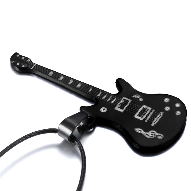 Fashion Stainless Steel Guitar Necklace For Men Pendants Leather Chain Necklaces | Украшения и аксессуары