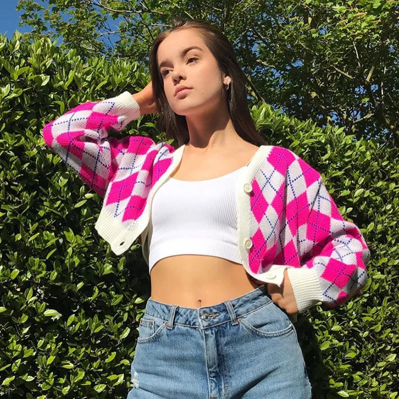 

Women Cardigan Argyle Crop Top Autumn Spring Korean Style Casual Loose Long Sleeve V-neck Single-breasted Cardigan Teenager