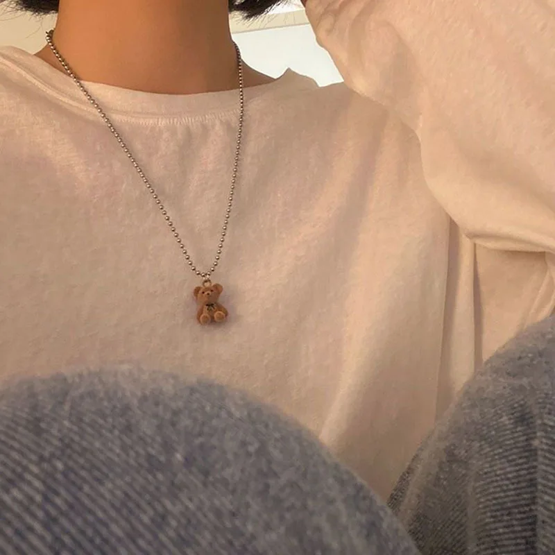 Teddy Bear Pendant Necklace for Girls Women Korean Fashion Kawaii Long Sweater neck Chain Necklaces Cute collar Jewelry | Украшения и