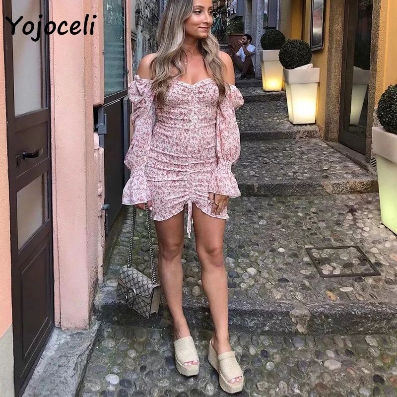Yojoceli, сексуальное платье с цветочным принтом, гофрированное, женское, квадратный вырез, длинный рукав, тонкое, мини платье, шифоновое платье