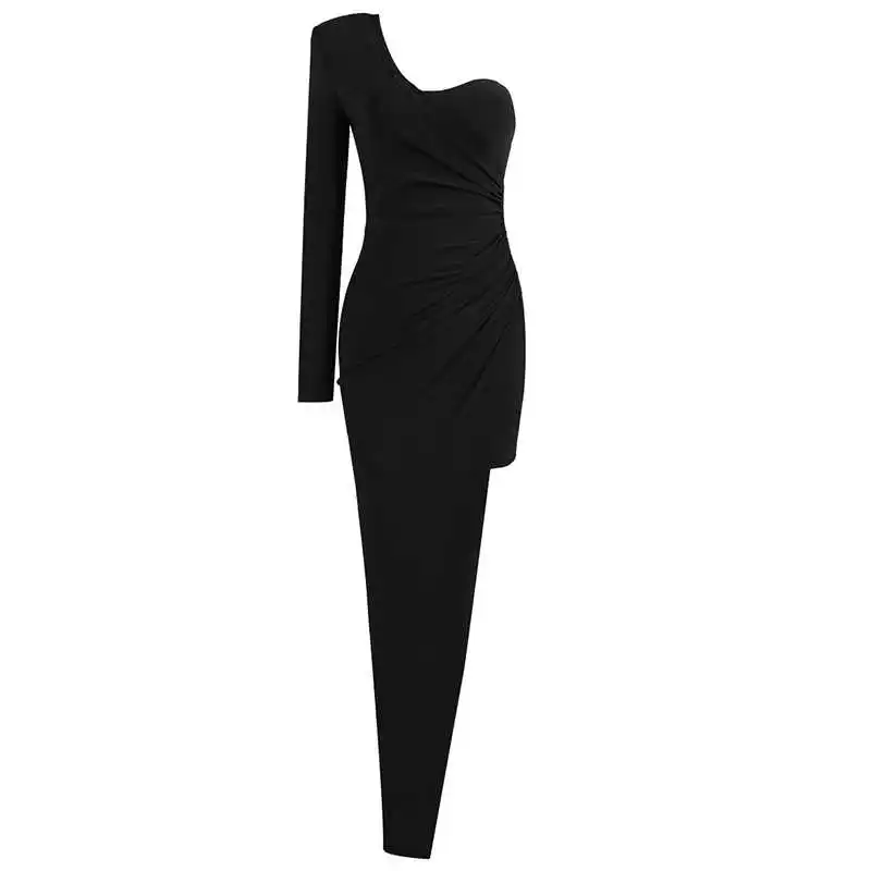 

Fashion one shoulder oblique collar long sleeve pleated elastic slim dress evening dress