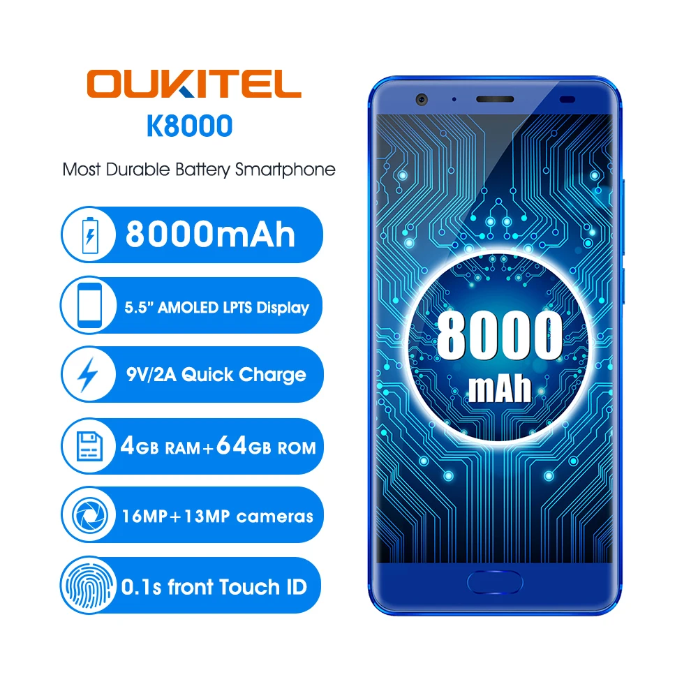 OUKITEL K8000 Android 7 0 5 'мобильный телефон Восьмиядерный 4 Гб 64 8000 мАч 13.0MP + 16.0MP задний