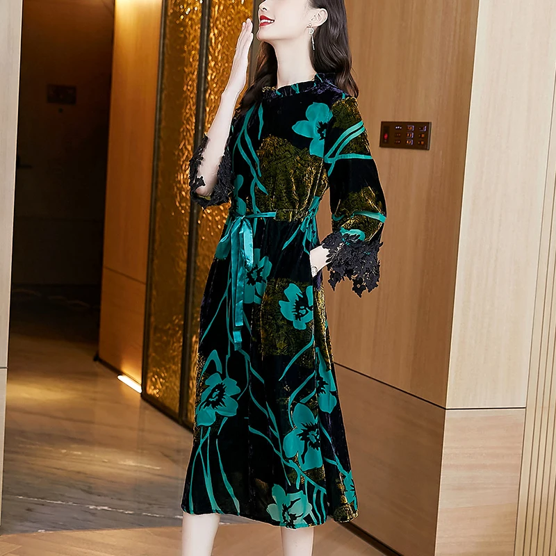 

COIGARSAM женское платье осень 2021 Новые повседневные платья с большим цветочным принтом круглым вырезом зеленые и желтые платья Traf Robe Vestidos