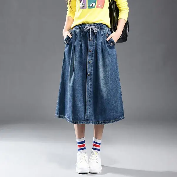 Летняя джинсовая юбка миди с эластичной резинкой на талии а силуэт плюс размер