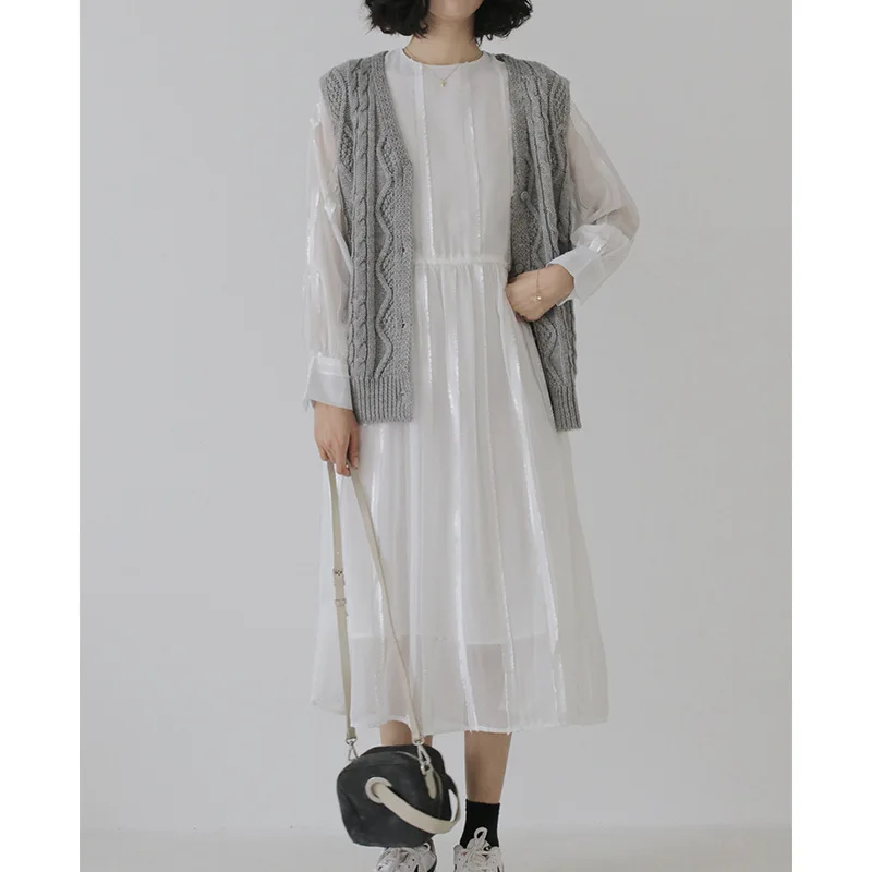 Женское платье с длинным рукавом Dongdaemun свободное до колена круглым вырезом в