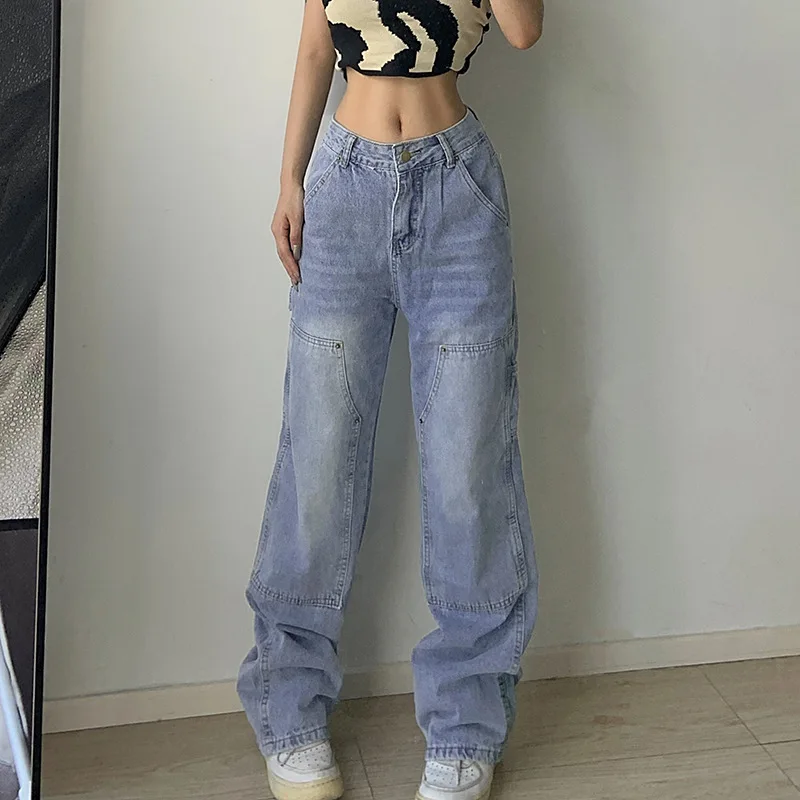 

Casual Vintage Bleached High Waist Jeans Straight Loose Women's Wide Legs Denim Aesthetic Pants Y2k Fashion Streetwear Trousers