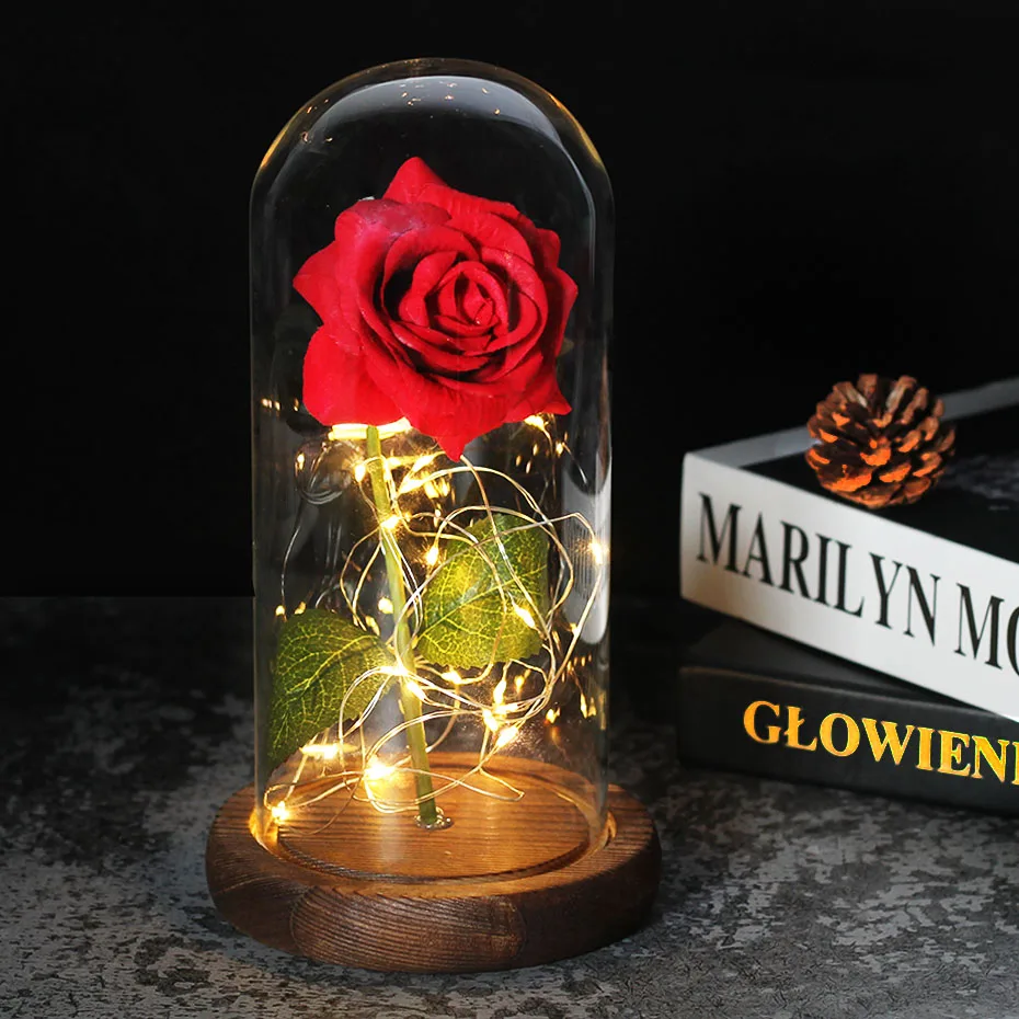 

Enchanted Rose Beauty and The Beast LED Glass Dome Wood Base LightUp Flower RedValentine's Day Christmas Halloween Gift