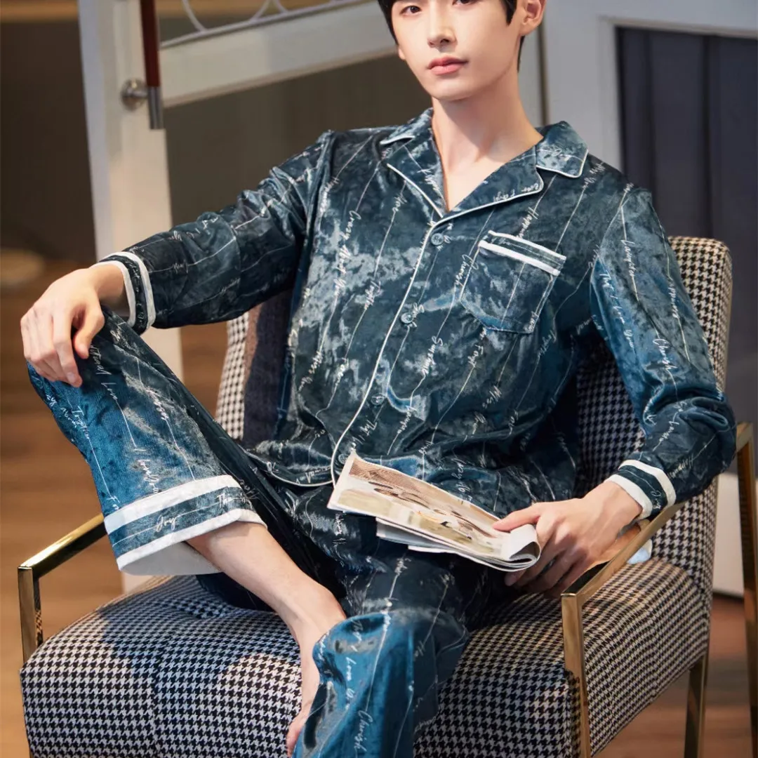 A hot two-piece, long-sleeved men's homewear pyjamas in golden velvet monoprint AUTUMN/Winter 2021