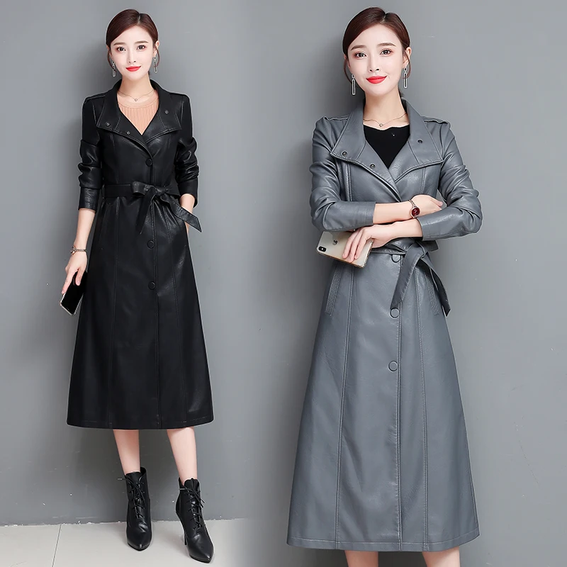Женский Длинный кожаный тренчкот X long модный из искусственной кожи с поясом Осень