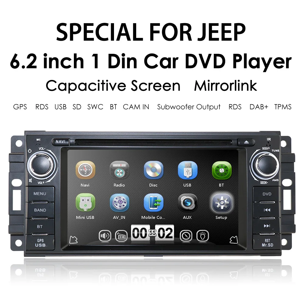 

Автомобильный DVD-плеер 1DIN, Радио для Jeep Cherokee, Grand Compass, Dodge Chrysler 300C, GPS-навигация, стерео, FM, автомобильный мультимедийный DVD-плеер