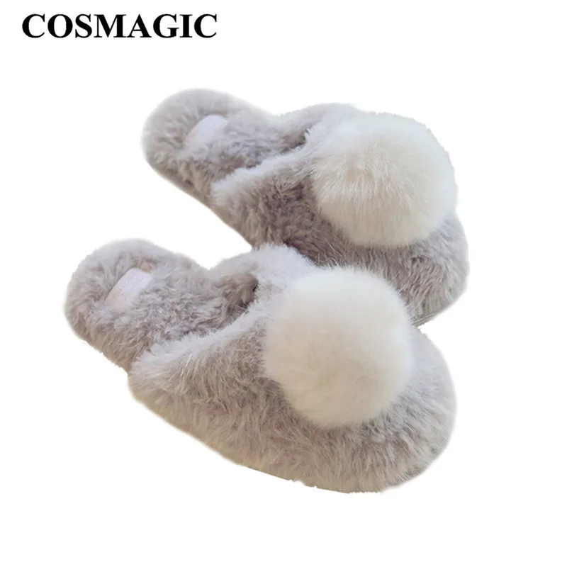 Новинка 2021 зимние женские меховые тапочки COSMAGIC с помпоном домашние Мокасины