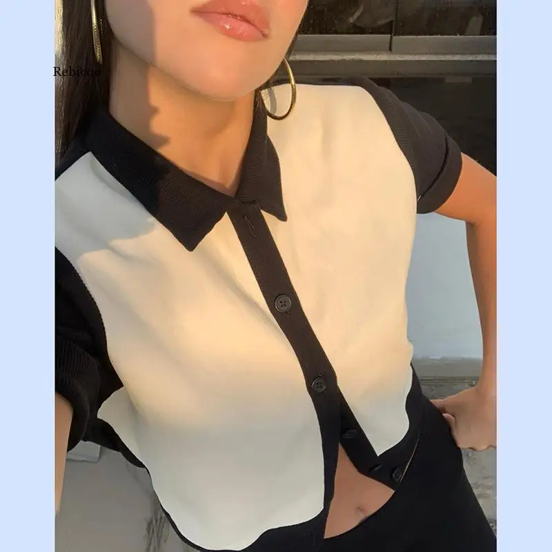 

Summer Fashion Hit Color Patchwork Tees Women Knitting Street Casual Short Sleeve Crop Top Lady Slim Basic Tee New