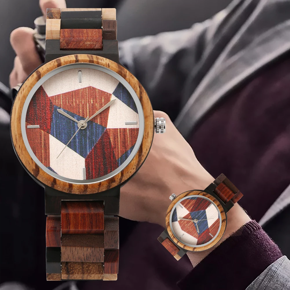 

Men's Wood Watch Unique Irregular Geometry Splicing Dial Quartz Watches Mixed Color Wooden Band Wristwatch Gifts Relojes Hombre