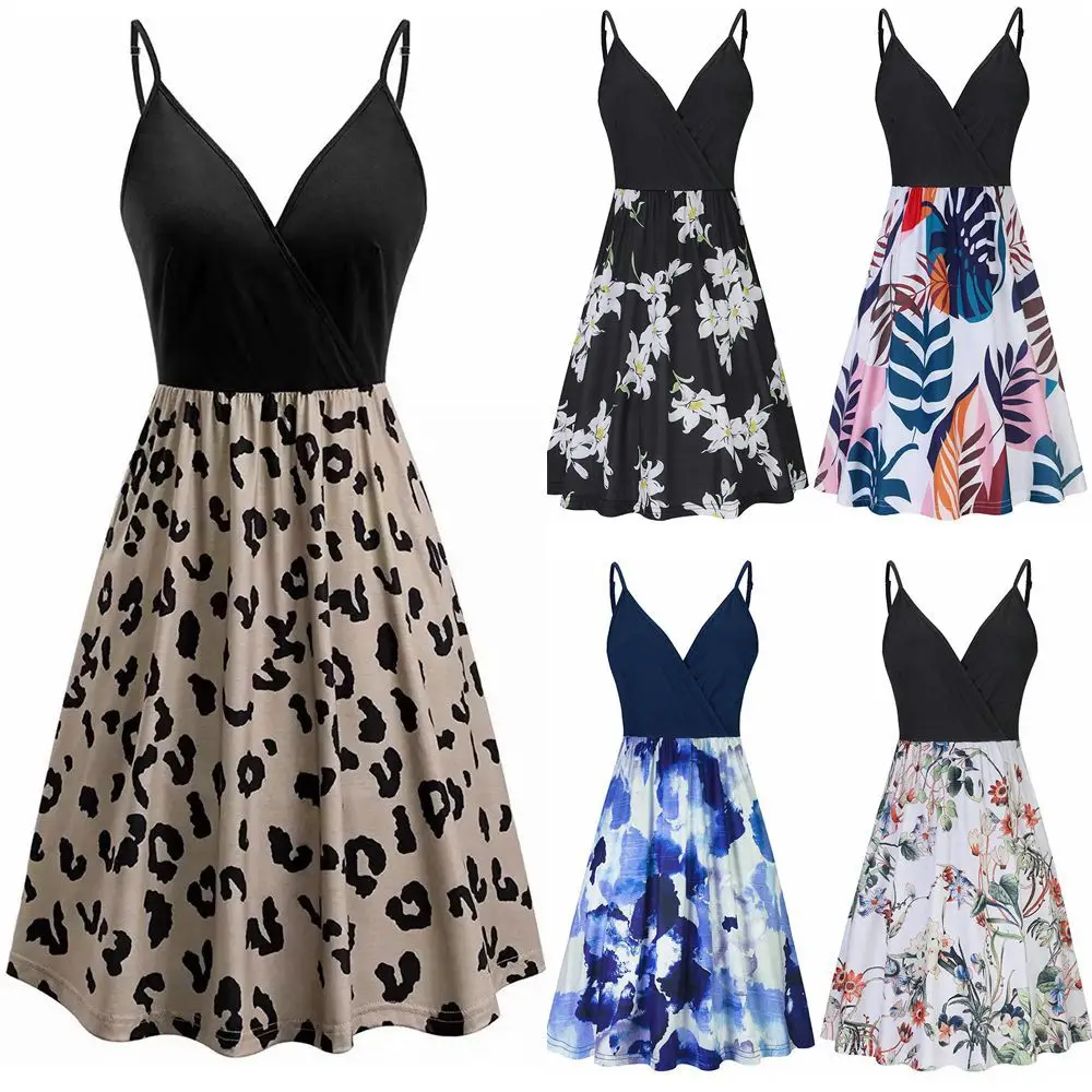 

Sexy Women Beach Dress Summer 2020 Spaghetti Strap V-neck Patchwork Printed Short A-line Dress Sleeveless Pocket Mini Vestidos