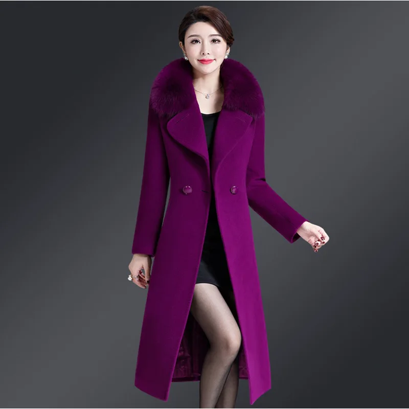 Autumn winter womens woolen coats fashion thicken Slim middle long fur collar cashmere windbreaker coat women's plus size 4XL | Женская