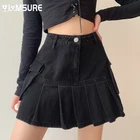 Джинсовая мини-юбка IAMSURE, черная, со складками, карманами, с высокой талией, повседневная, уличная, 2021