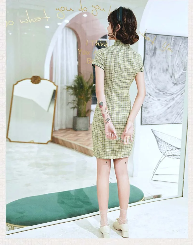 Женское платье Ципао зеленое хлопковое облегающее в клетку вечерние короткие