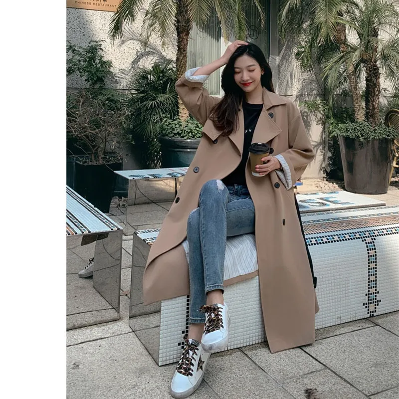 Женская ветровка с поясом повседневный Тренч цвета хаки длинным рукавом и