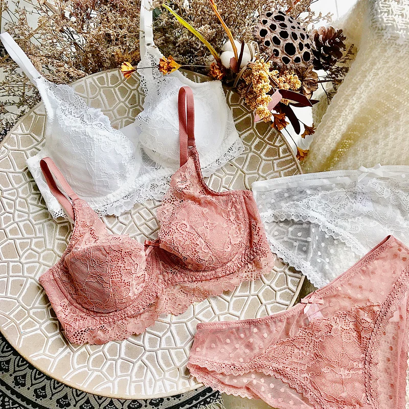 

Wriufred Light luxury lace sexy lingerie briefs set soft steel ring thin bra set dots fairy underwear ABC cup women's bralette