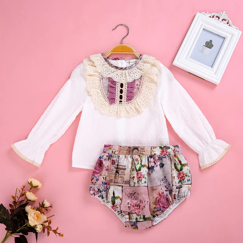 Cutestyles Vintage Style Baby Toddler Clothing Set Floral Printed Lace Kid Suits Boutique Child Outfits EU-DMCS106-B326 | Детская одежда