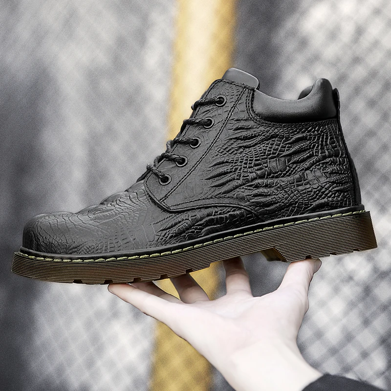 Зимние кожаные ботильоны с узором крокодиловая кожа Мужская повседневная обувь