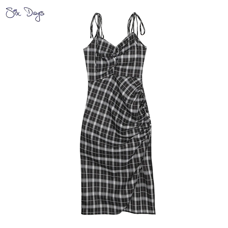 

Sweet Girl Plaide Print Wrap Skirt 2021 Women Summer Strap Dress Sexy Backless Bodycon Casual Party Dresses Slim Clothes Black