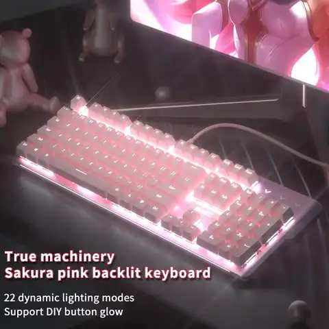 Новинка 2021, розовая игровая Механическая Проводная клавиатура для девочек, белая подсветка с 104 клавишами, подходит для ПК/ноутбука, проводн...