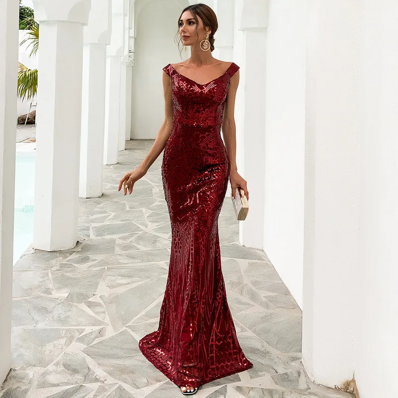 

Sexy Mermaid Women's Evening Dress Wine Red V-neck Sleeveless Open Back Sequin Floor-Length Long Evening Dresses Night Dresses